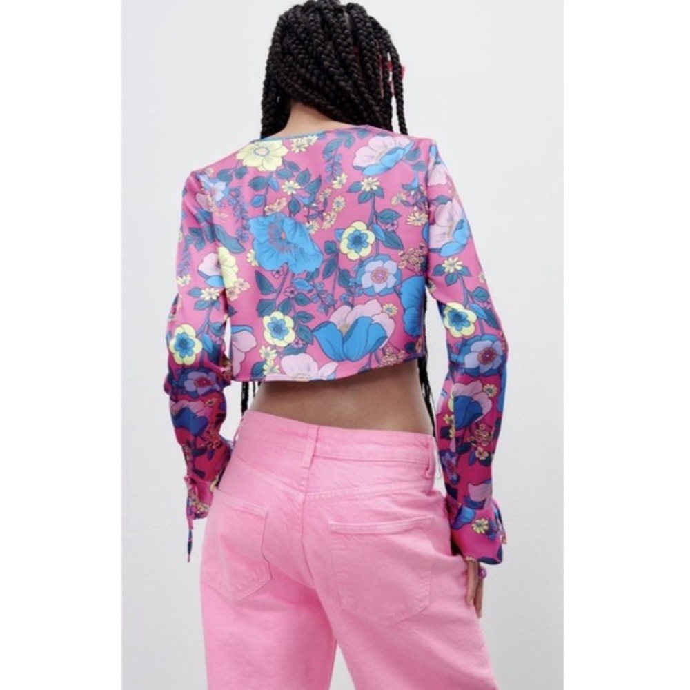 Zara Neon Floral Satin Effect Printed Cropped Top NWT SMALL